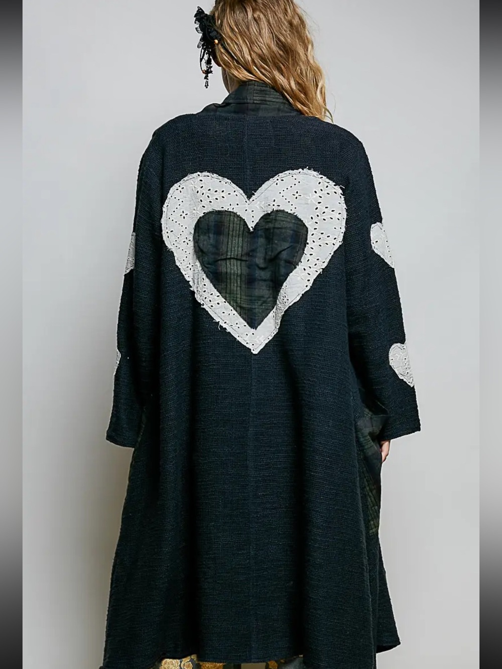POL Black Coat with White Heart Appliqués